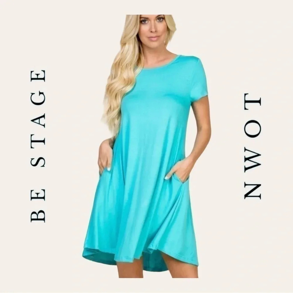 0582. BE STAGE KNEE LENGTH DRESS‎ LIGHTWEIGHT DUSTY AQUA IN COLOR SIZE MEDIUM